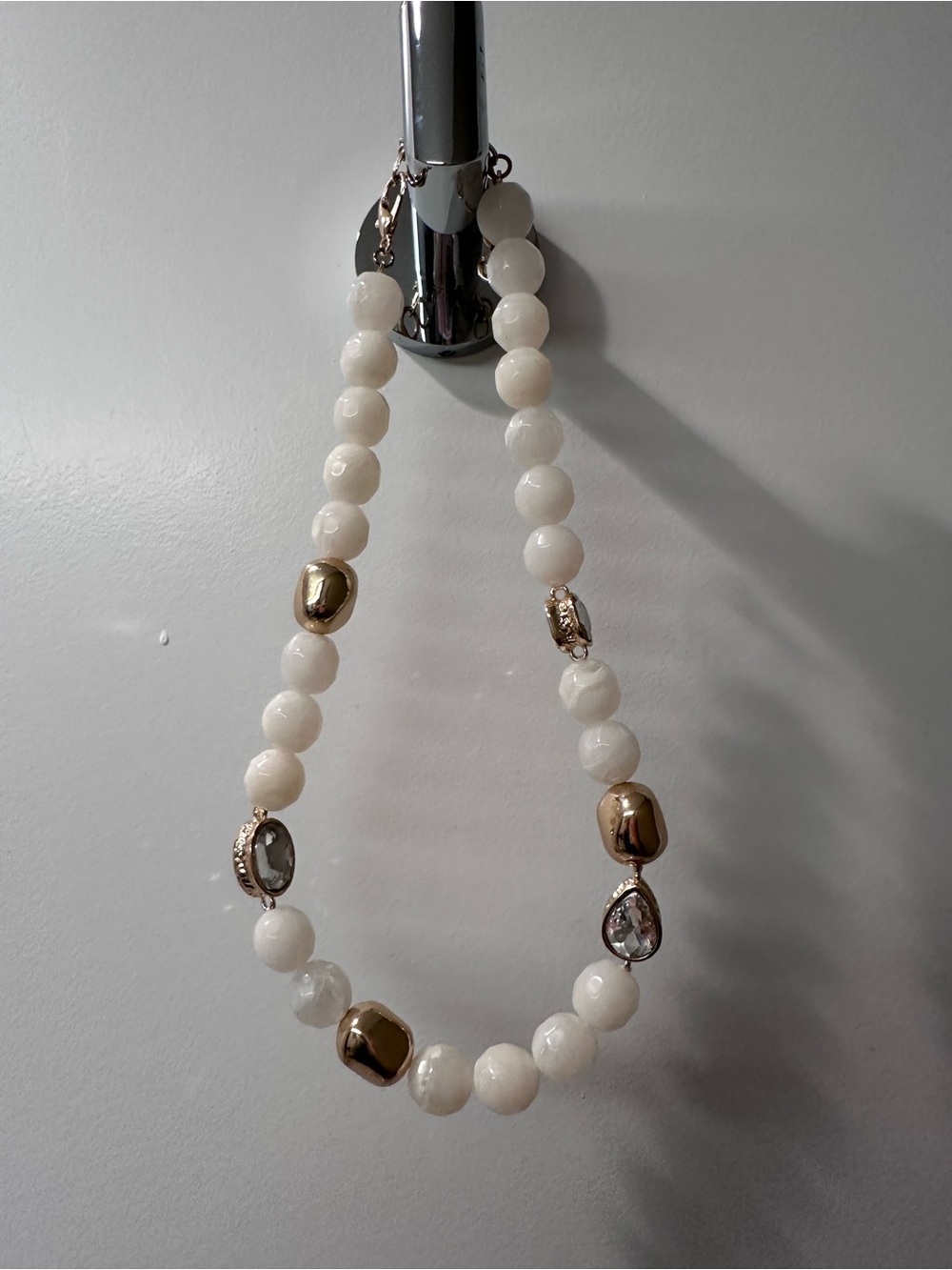 White Beaded Necklace with Gold Accents - Women Jewelry